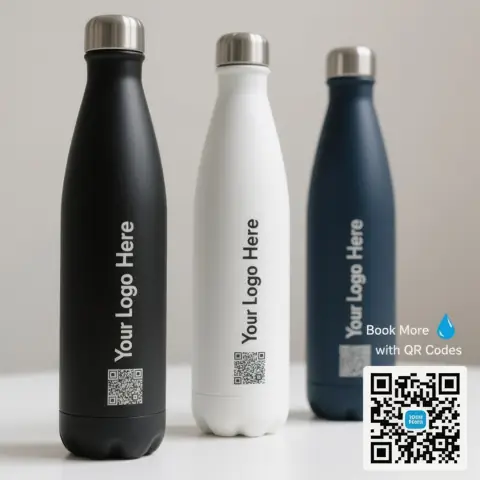 Three insulated water bottles with a logo and QR code
