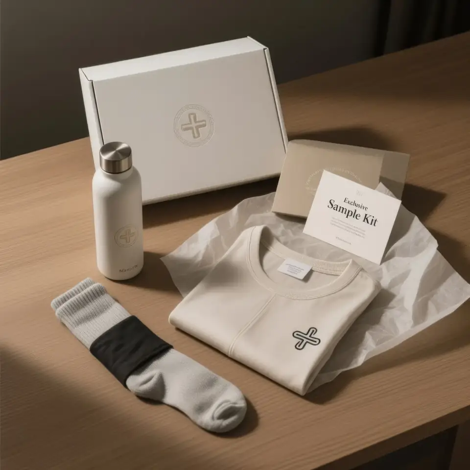 An open sample kit box with a branded bottle, tee and socks