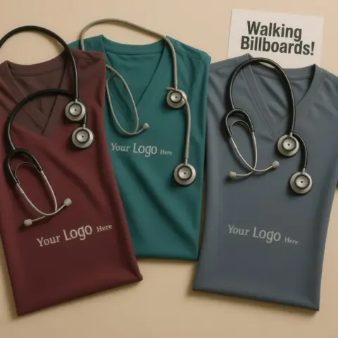 Branded scrub tops in three colors with stethoscopes